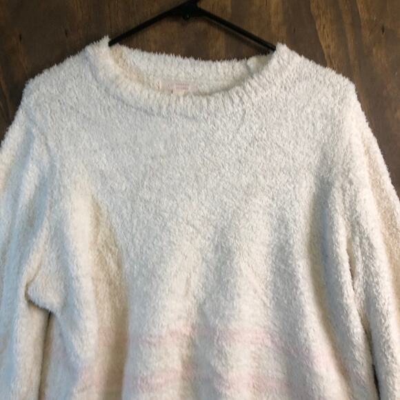 LC Lauren Conrad Womens Sweater White Pink Stripe Super Soft Puff Sleeve Large - Picture 2 of 14